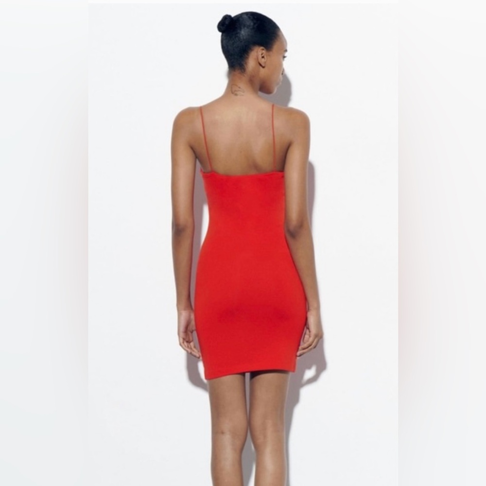 SOLD Zara Red Orange Mini Bodycon Silhouette Cocktail Dress Sz S NEW - Picture 2 of 7
